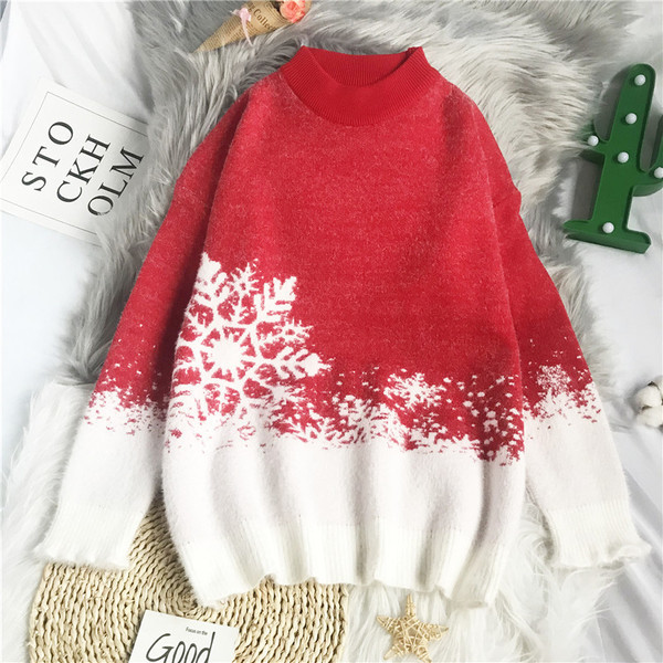 Božićni pulover s polo ovratnikom na snježne pahulje za žene