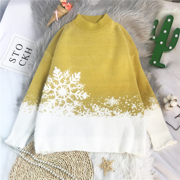 Božićni pulover s polo ovratnikom na snježne pahulje za žene