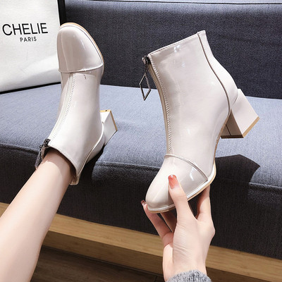 Ženske čizme s debelom petom i patentnim zatvaračem u bijeloj i crnoj boji