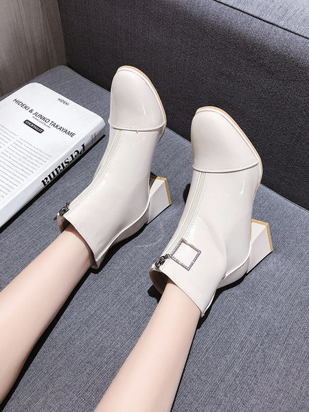 Ženske čizme s debelom petom i patentnim zatvaračem u bijeloj i crnoj boji