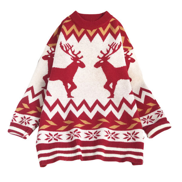 Γυναικείο πλεκτό πουλόβερ με μοτίβο και μακριά μανίκια - φαρδύ μοντέλο