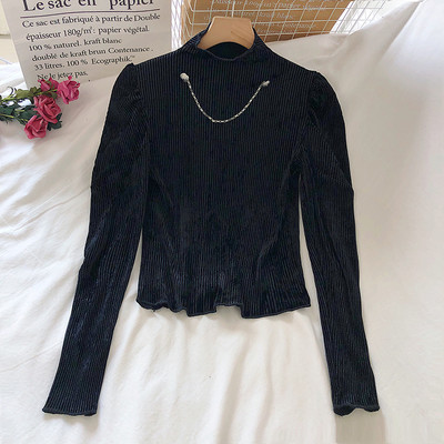 Μοντέρνα γυναικεία μπλούζα με ψηλό γιακά και μακριά μανίκια