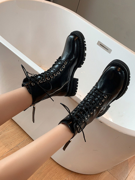 Γυναικείες μοντέρνες οικολογικές δερμάτινες μπότες με κορδόνια