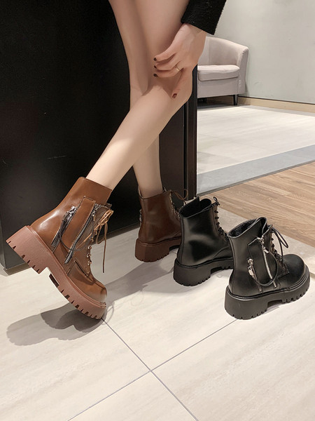 Moteriški laisvalaikio batai iš eko odos su grubiu padu ir užtrauktuku