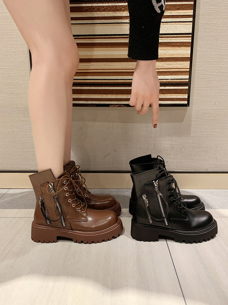 Moteriški laisvalaikio batai iš eko odos su grubiu padu ir užtrauktuku