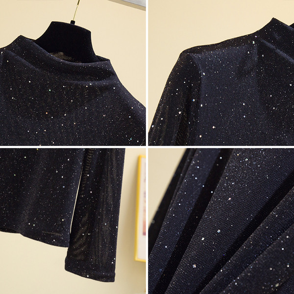 Naiste läikivate osakeste ja kõrge polokraega pluus