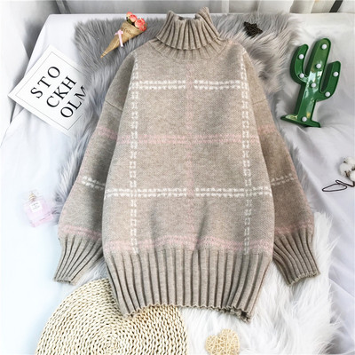 Πλεκτό γυναικείο πουλόβερ με υψηλό γιακά - φαρδύ μοντέλο