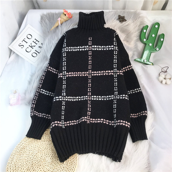 Πλεκτό γυναικείο πουλόβερ με υψηλό γιακά - φαρδύ μοντέλο