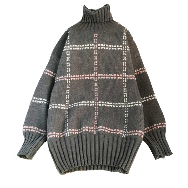 Πλεκτό γυναικείο πουλόβερ με υψηλό γιακά - φαρδύ μοντέλο