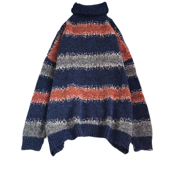 Ženski pleteni prugasti pulover s visokim ovratnikom