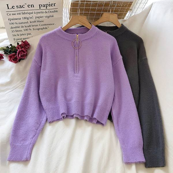 Casual γυναικείο πουλόβερ με φερμουάρ και στρογγυλή λαιμόκοψη