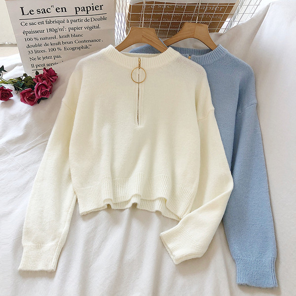 Casual γυναικείο πουλόβερ με φερμουάρ και στρογγυλή λαιμόκοψη