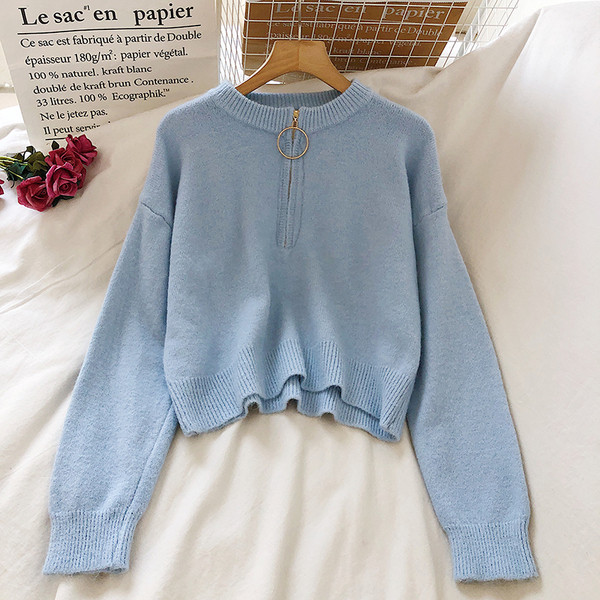 Casual γυναικείο πουλόβερ με φερμουάρ και στρογγυλή λαιμόκοψη