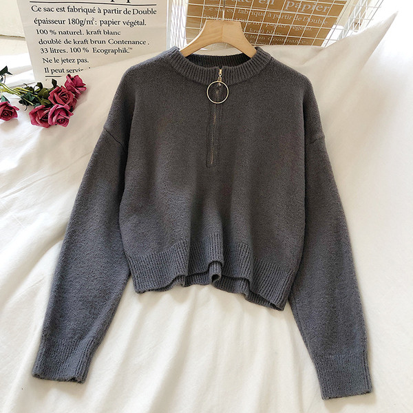 Casual γυναικείο πουλόβερ με φερμουάρ και στρογγυλή λαιμόκοψη