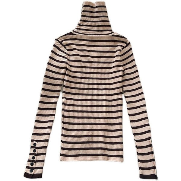 Pulover de dama cu dungi cu guler inalt si maneci lungi