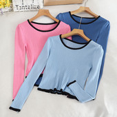 Naiste vabaaja pluus ümara kaelusega ja pikkade varrukatega