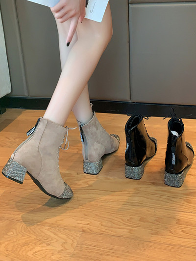Γυναικείες μπότες με πέτρες και τακούνι  5 cm με κορδόνια