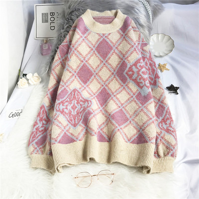 Naiste lilleline kampsun ovaalse kaelusega ja pikkade varrukatega