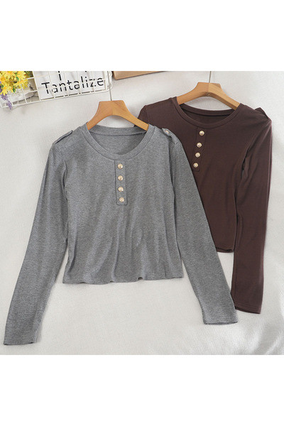 Naiste vabaaja nööpide ja ümara kaelusega pluus