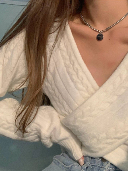 Moodne naiste lühike kootud pluus spits-kaelusega