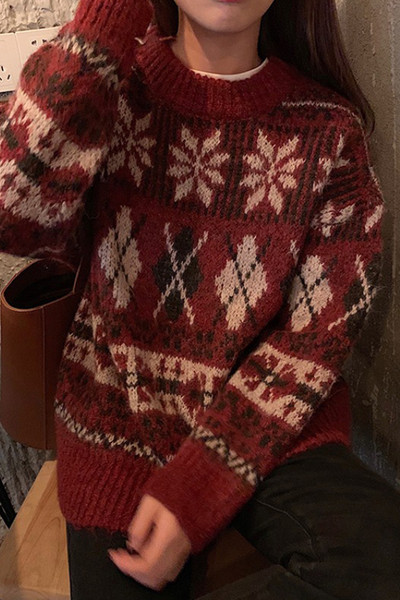 Casual γυναικείο πουλόβερ με μοτίβο και οβάλ ντεκολτέ