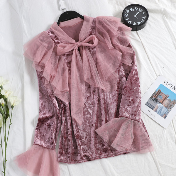 Moodne naiste sametsärk paela ja tülliga