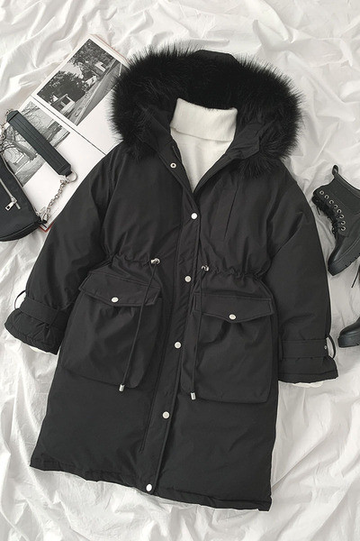 Naiste pikk taskute ja paeltega jope