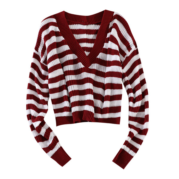 Prugasti ženski džemper sa špic izrezom i gumbima