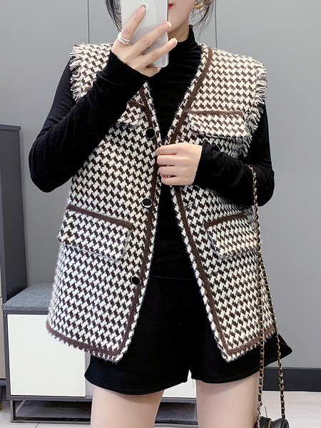 Igapäevane naiste ruuduline vest nööpide ja narmastega