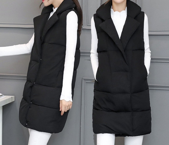 Ilga moteriška liemenė su metaliniu užsegimu su klasikine apykakle