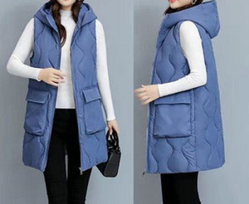 Dugi ženski prsluk s kapuljačom s džepovima i patentnim zatvaračem