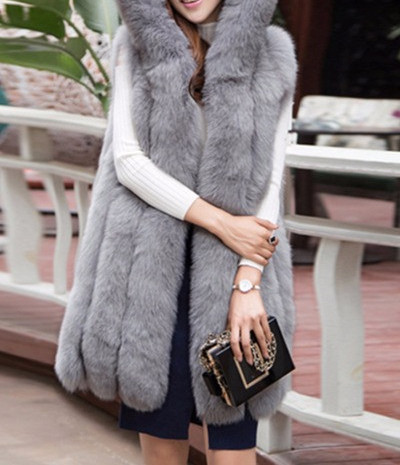 Naujo modelio moteriška ilga pūkinė liemenė su gobtuvu