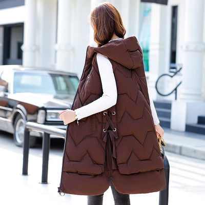 Pikk naiste sügis-talvine vest kapuutsi ja taskutega