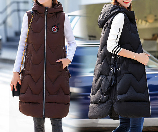 Pikk naiste sügis-talvine vest kapuutsi ja taskutega