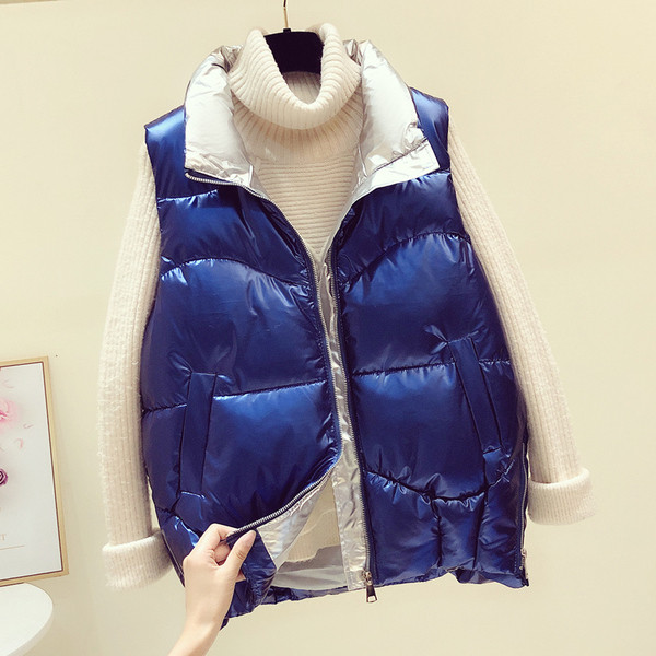 Aktualan ženski sjajni prsluk sa džepovima