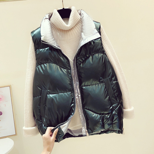 Aktualan ženski sjajni prsluk sa džepovima