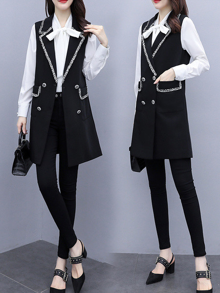 Stilinga ilga moteriška liemenė su V formos iškirpte ir kišenėmis