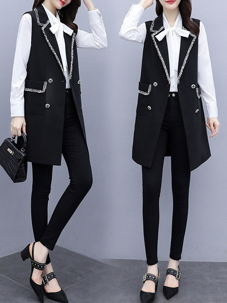 Stilinga ilga moteriška liemenė su V formos iškirpte ir kišenėmis