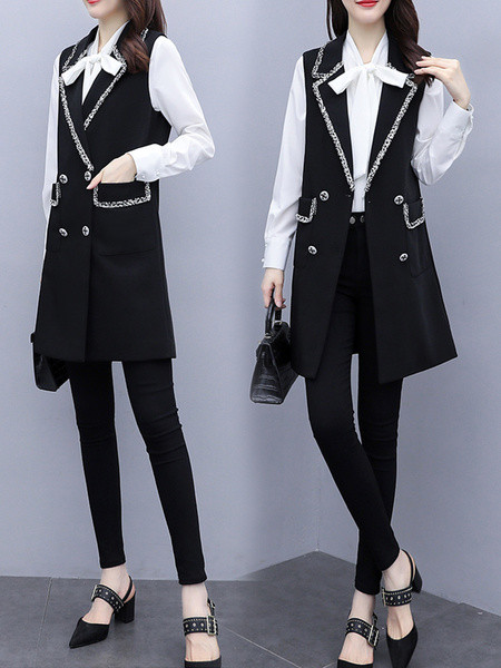 Stilinga ilga moteriška liemenė su V formos iškirpte ir kišenėmis