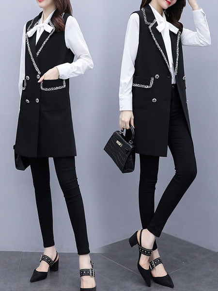 Stilinga ilga moteriška liemenė su V formos iškirpte ir kišenėmis