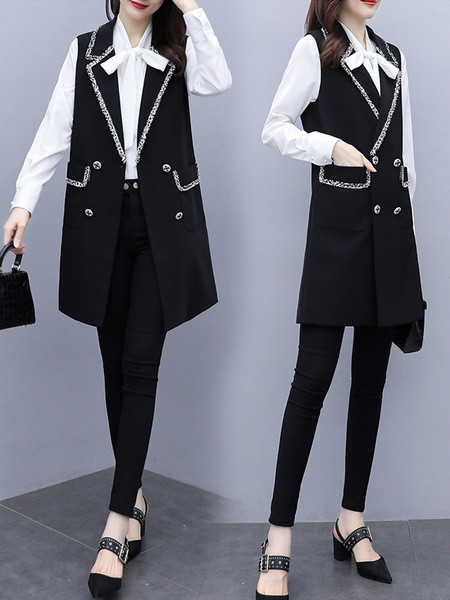 Stilinga ilga moteriška liemenė su V formos iškirpte ir kišenėmis