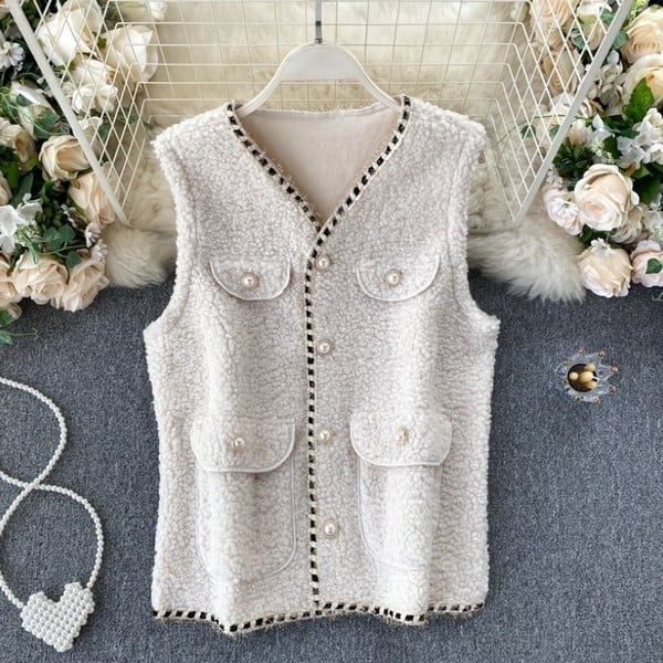 Naiste vabaaja vest nööpide ja spitsikaelusega