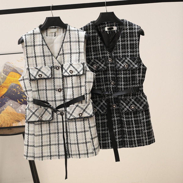 Γυναικείο casual καρό γιλέκο με τσέπες και ζώνη