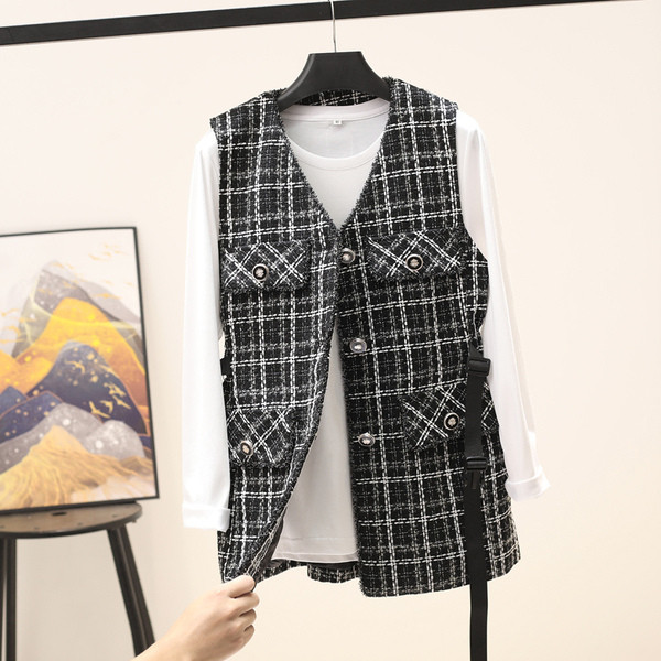 Γυναικείο casual καρό γιλέκο με τσέπες και ζώνη
