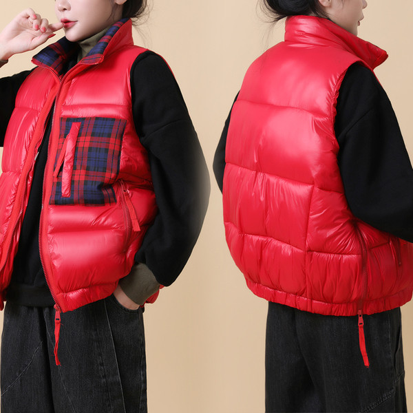 Ženski casual prsluk - kratki model s kariranim džepom