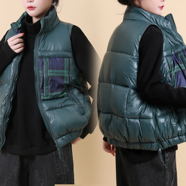 Ženski casual prsluk - kratki model s kariranim džepom