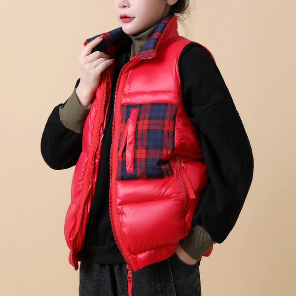 Ženski casual prsluk - kratki model s kariranim džepom