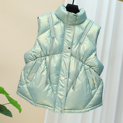 Γυναικείο γυαλιστερό γιλέκο με κολάρο και τσέπες