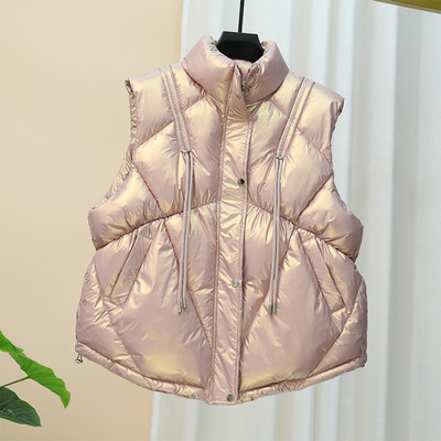 Γυναικείο γυαλιστερό γιλέκο με κολάρο και τσέπες