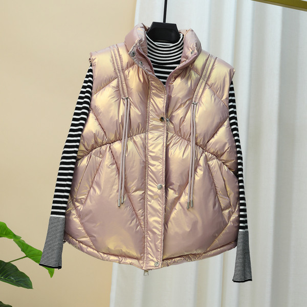 Γυναικείο γυαλιστερό γιλέκο με κολάρο και τσέπες